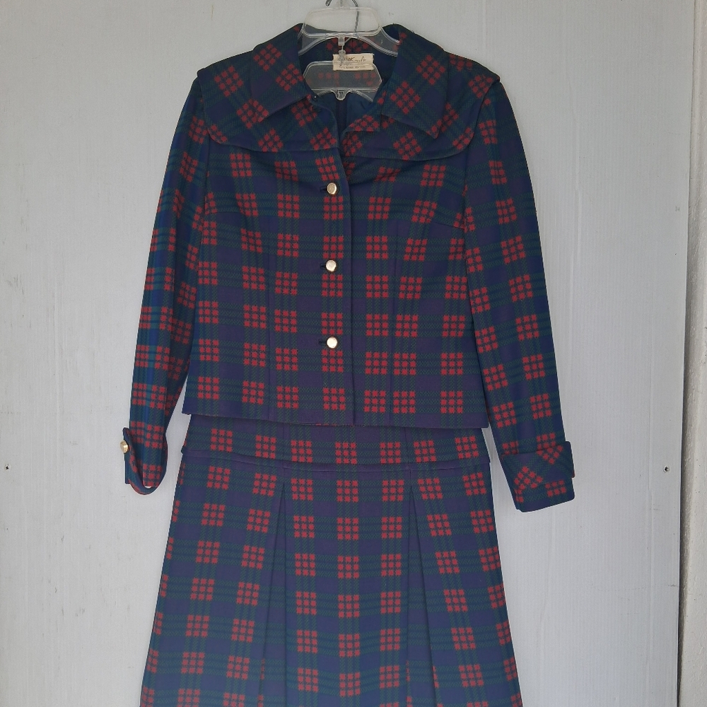 vintage B Altman & Co. 2 Piece Jacket and Dress Suit Red/Blue Plaid Size L